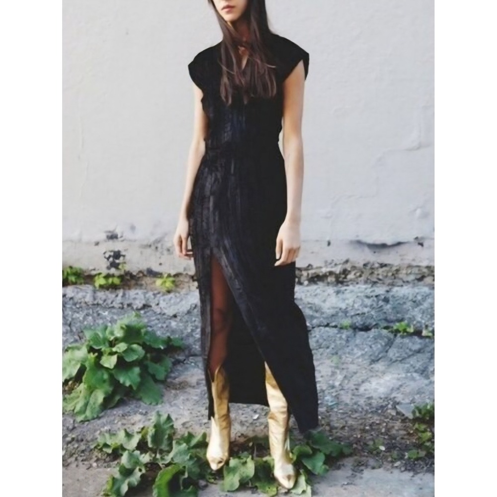 Horses Atelier Long Smocking Dress Crushed Velvet Goth Black Purple XS Maxi Slit